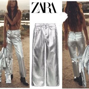 Zara metallic silver liquid foil straight cut high rise denim jeans Sz 2